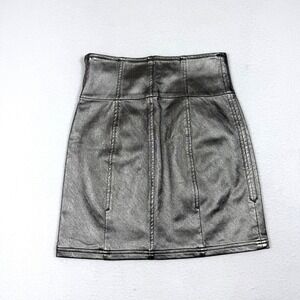 Free People Metallic Silver High Waisted Mini Skirt‎ Side Zip Pewter Size 2